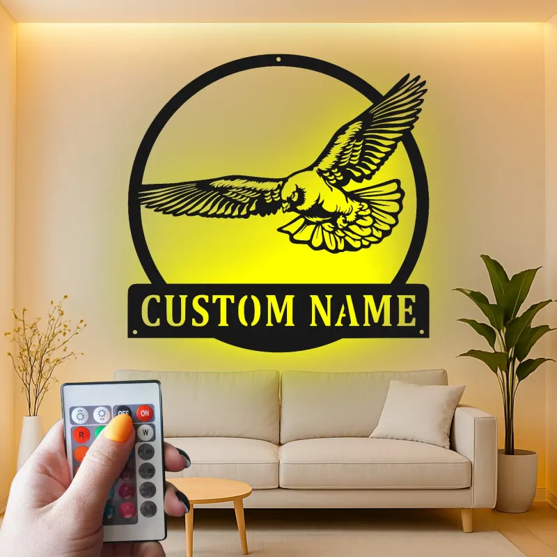 Cartel de metal personalizado de halcón con luz LED Regalo personalizado para amantes de las aves Decoración de sala de estar u oficina