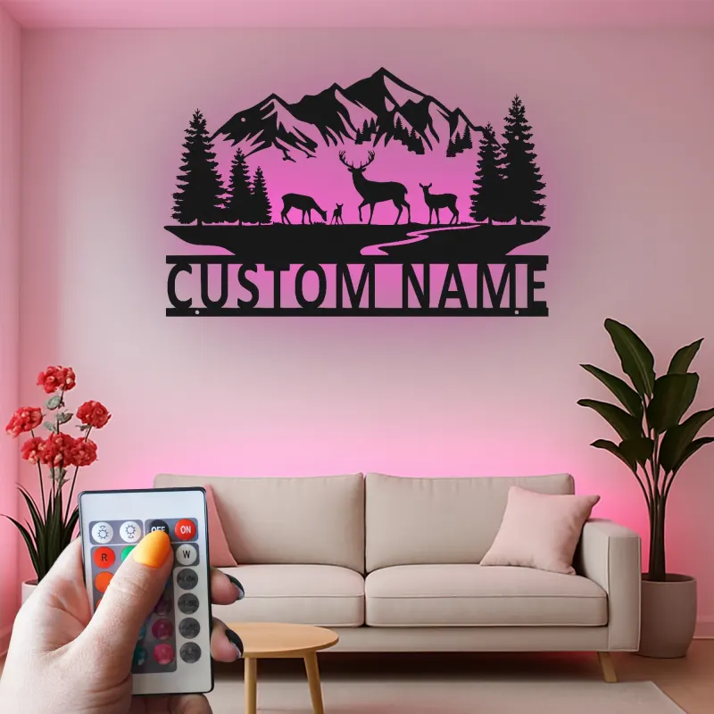 Custom Deer Mountain Scene Led Light Metal Wall Art Personalized Nature Gift for Outdoor Lovers Cabin Decor