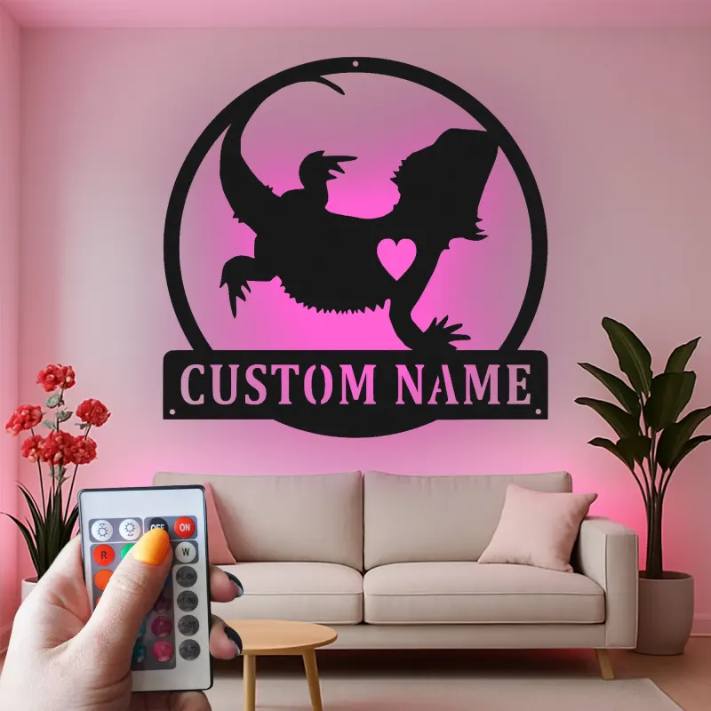 Cartel de metal personalizado con luz LED de dragón barbudo Regalo para amantes de reptiles Decoración de dormitorio o salón 2