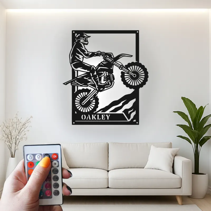 Décoration murale en métal personnalisée pour motocross avec rétroéclairage LED - Cadeau pour lui, décoration de garage ou de man cave