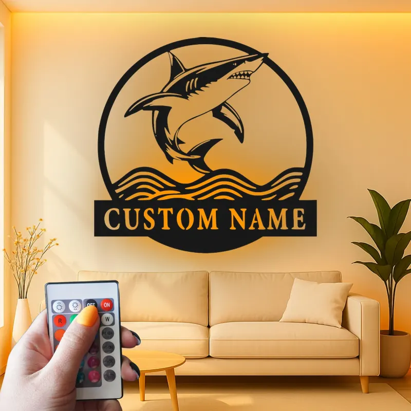 Enseigne en métal requin blanc personnalisée | Décoration murale LED prédateur des océans | Décor de maison de plage personnalisé pour passionnés de requins