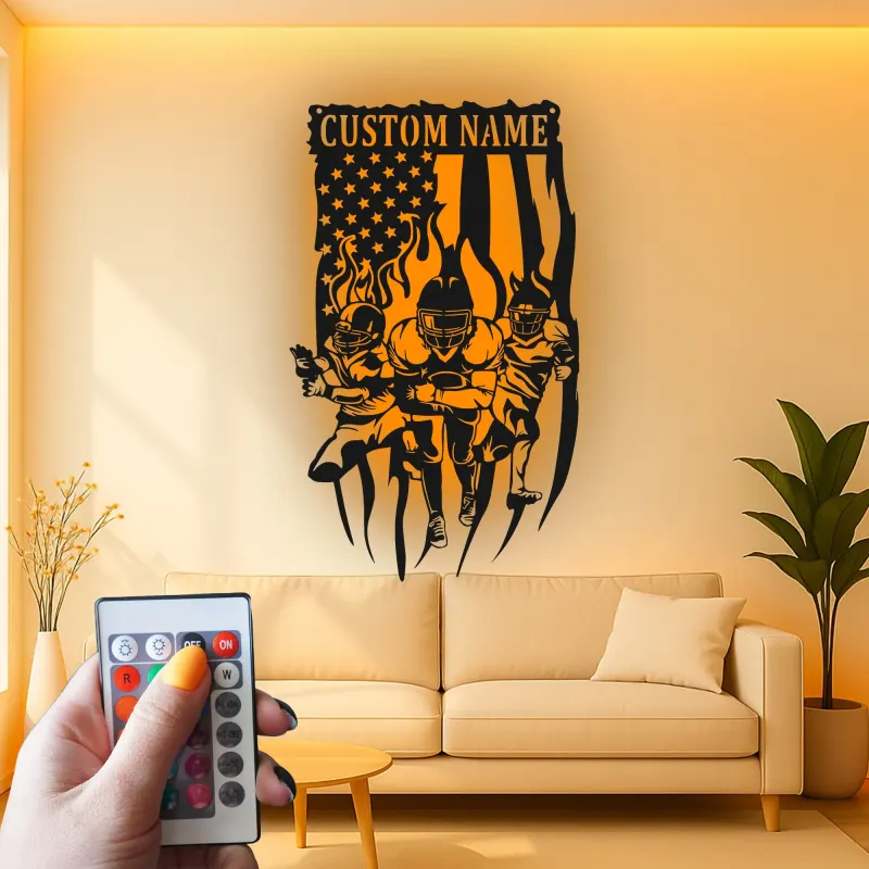 Cartel LED metálico personalizado de fútbol americano | Arte mural con nombre a medida | Decoración para habitación infantil y sala de juegos | Regalo para deportistas con bandera estadounidense