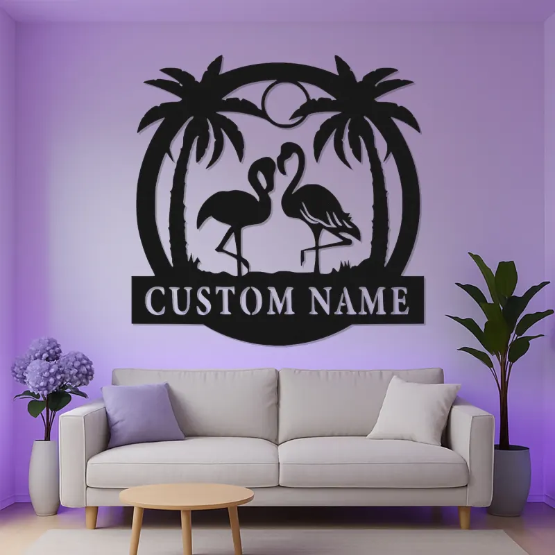 Insegna in metallo con fenicottero personalizzata e LED | Decorazione tropicale per casa al mare | Arte murale con nome per patio e soggiorno