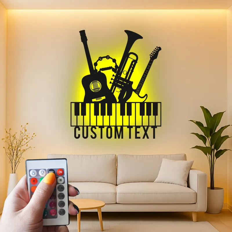 Insegna per Studio Musicale Personalizzata | Arte in Metallo LED per Musicisti | Decorazione Silhouette Strumenti Personalizzati | Regalo per Chitarra, Pianoforte, Tromba