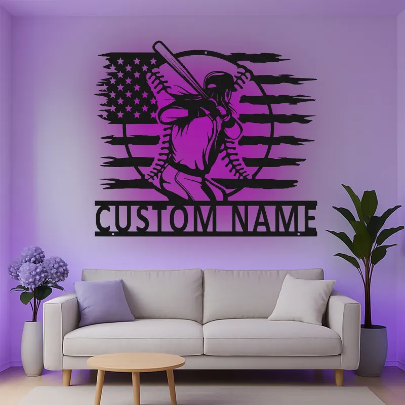 Décoration murale en métal personnalisée joueur de baseball avec rétroéclairage LED