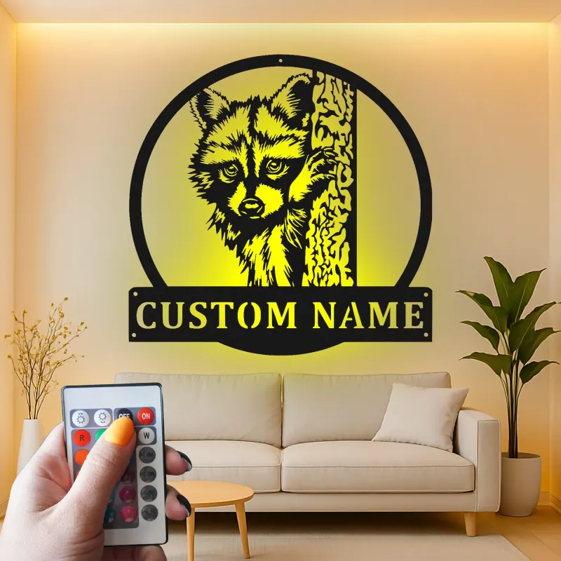 Cartel LED de mapache personalizado | Arte mural de metal a medida | Decoración rústica para cabañas | Silueta de vida silvestre de bosque | Regalo para amantes del bosque