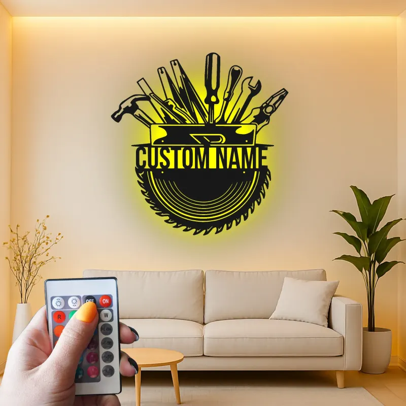 Insegna in metallo personalizzata con luce LED per Cassetta degli Attrezzi - Regalo per artigiani - Decorazione per garage o laboratorio 1