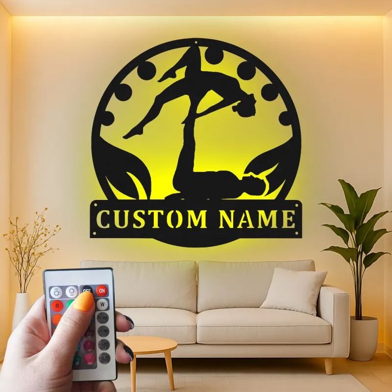 Décoration murale en métal LED personnalisée pour couple de yoga acrobatique - Cadeau unique pour les amoureux du yoga - Décor de chambre ou de studio