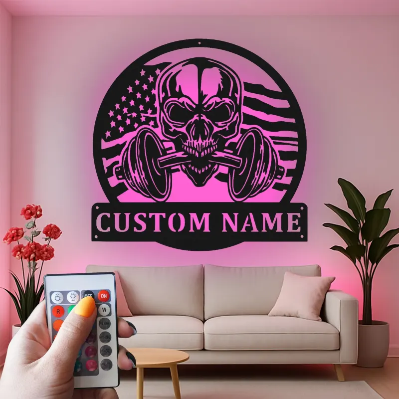 Insegna LED per palestra con teschio e manubrio | Arte murale in metallo personalizzata per home gym | Regalo per sollevatori di pesi con bandiera americana