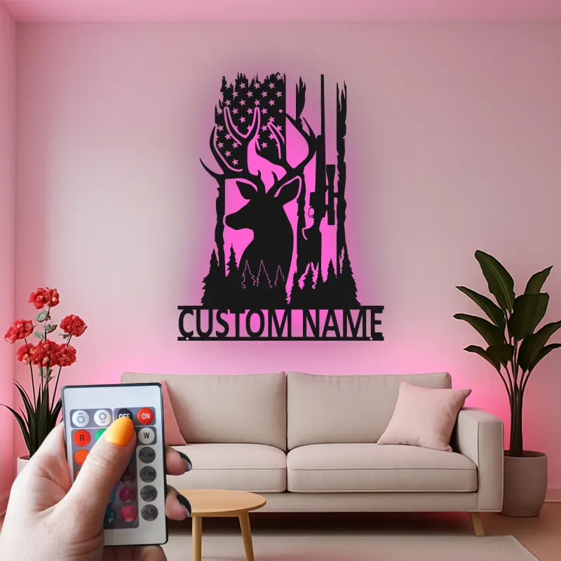 Insegna in metallo personalizzata per cacciatori di cervi con luce LED regalo personalizzato per appassionati di caccia decorazione per cabine o man cave