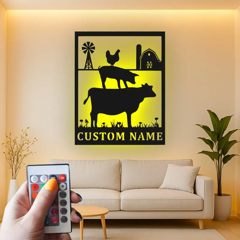 Cartel de metal LED personalizado con silueta de animales de granja, regalo de granja personalizado, decoración rústica de granero