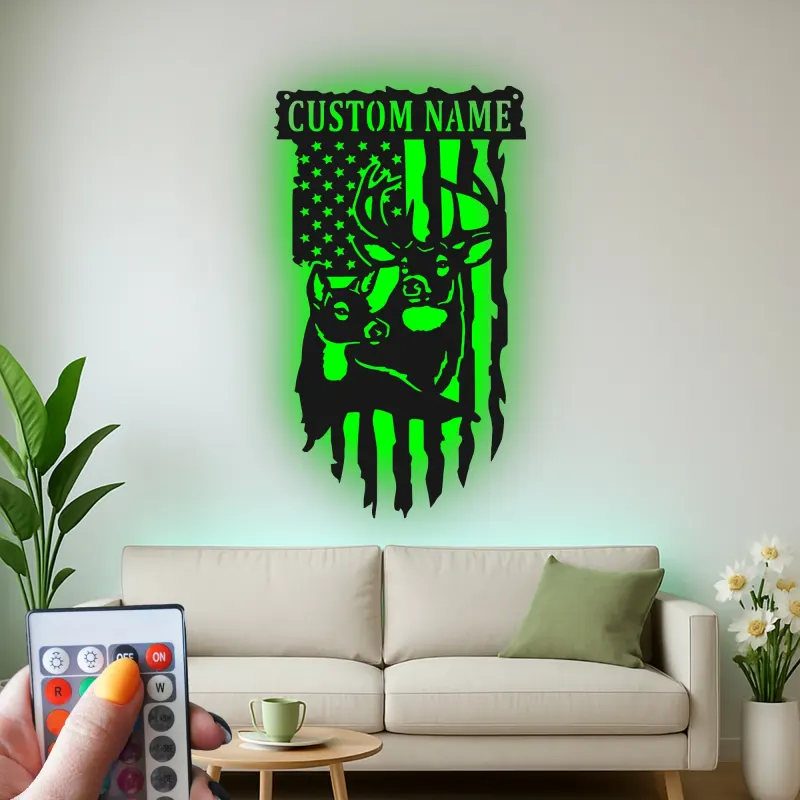 Custom Deer and American Flag Led Light Metal Wall Art Personalized Gift for Hunters Rustic Cabin Decor 1