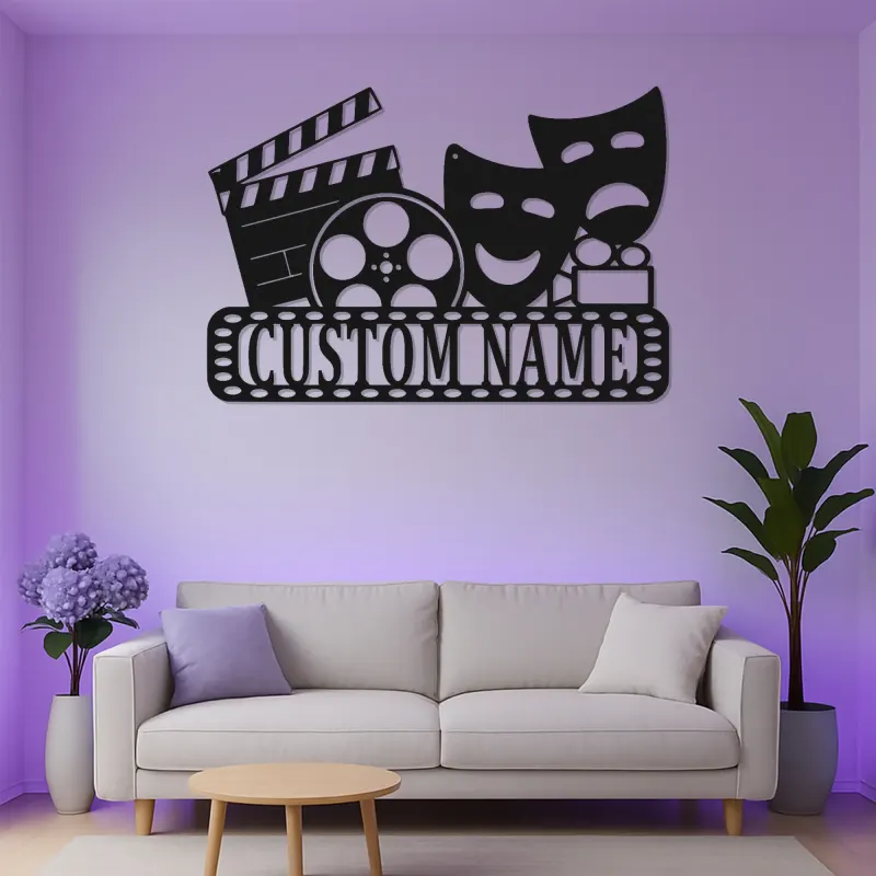 Personalized Theater Sign with LED | Custom Movie Room Decor | Metal Film Reel & Masks Wall Art for Cinema Lover Gift