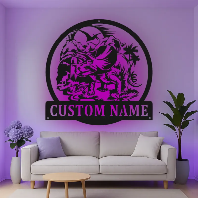 Personalisiertes Triceratops LED Licht Metallschild Geschenk für Kinderzimmer Dekor für Dinosaurierliebhaber