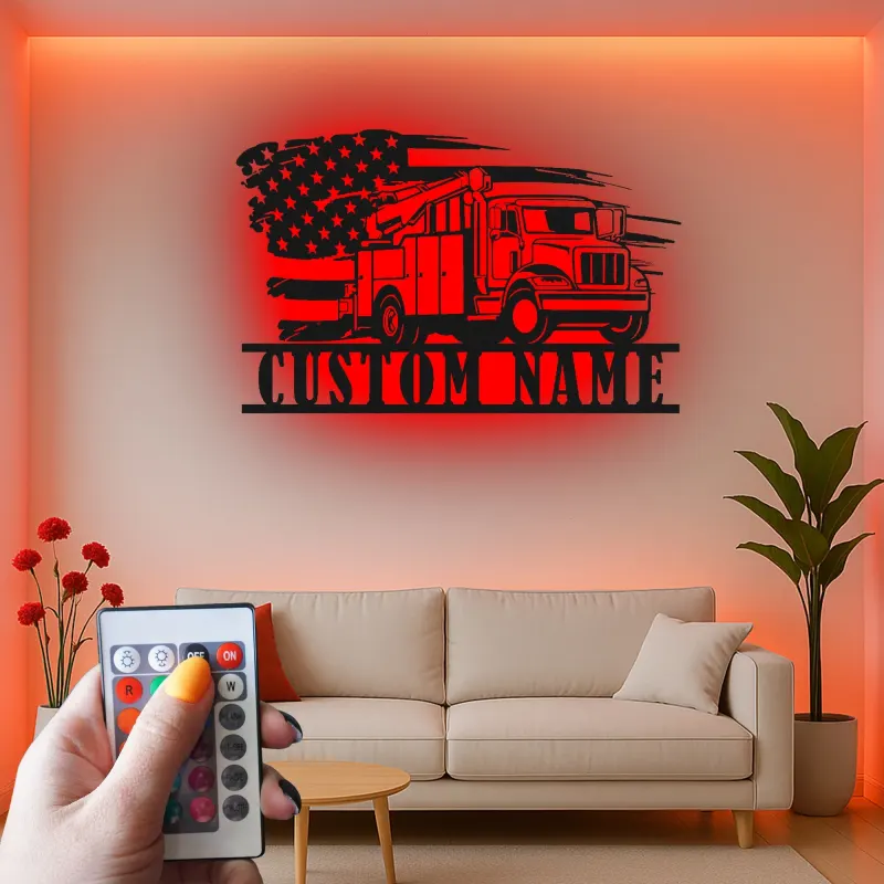 Arte mural de lineman | Cartel LED personalizado de camión de cubo | Decoración patriótica con bandera americana para garaje | Placa de nombre personalizada