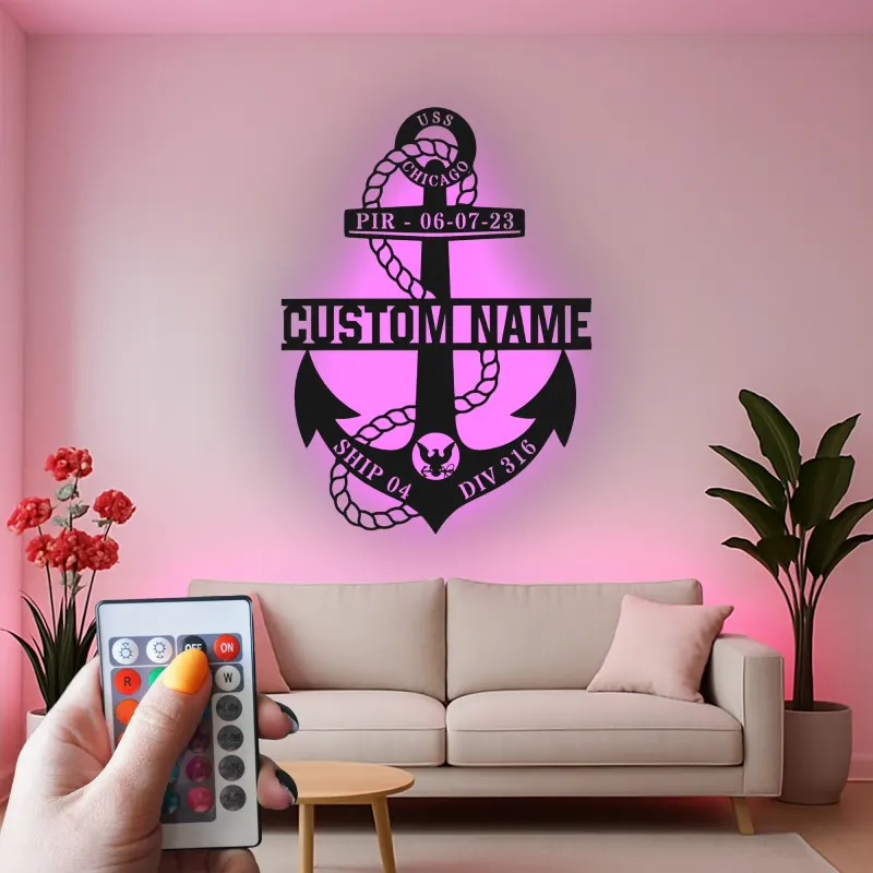 Custom Anchor LED Sign | Personalized Navy Family Gift | Metal Maritime Wall Art for Coastal Home Decor