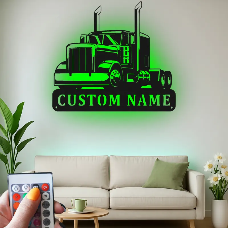 Personalisierte Semi-Truck LED-Schild | Individuelle Metall-Wandkunst für Garage | Big Rig Dekor für Trucker