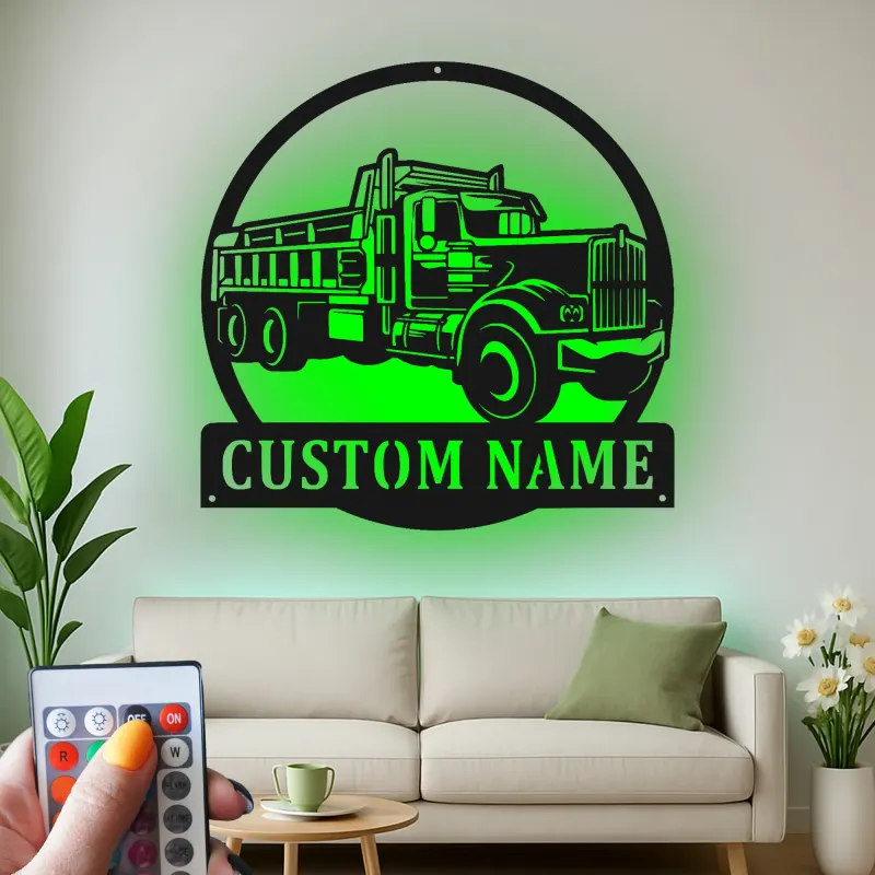 Custom Dump Truck Led Light Metal Wall Art Personalized Gift for Truck Enthusiast Garage or Man Cave Decor