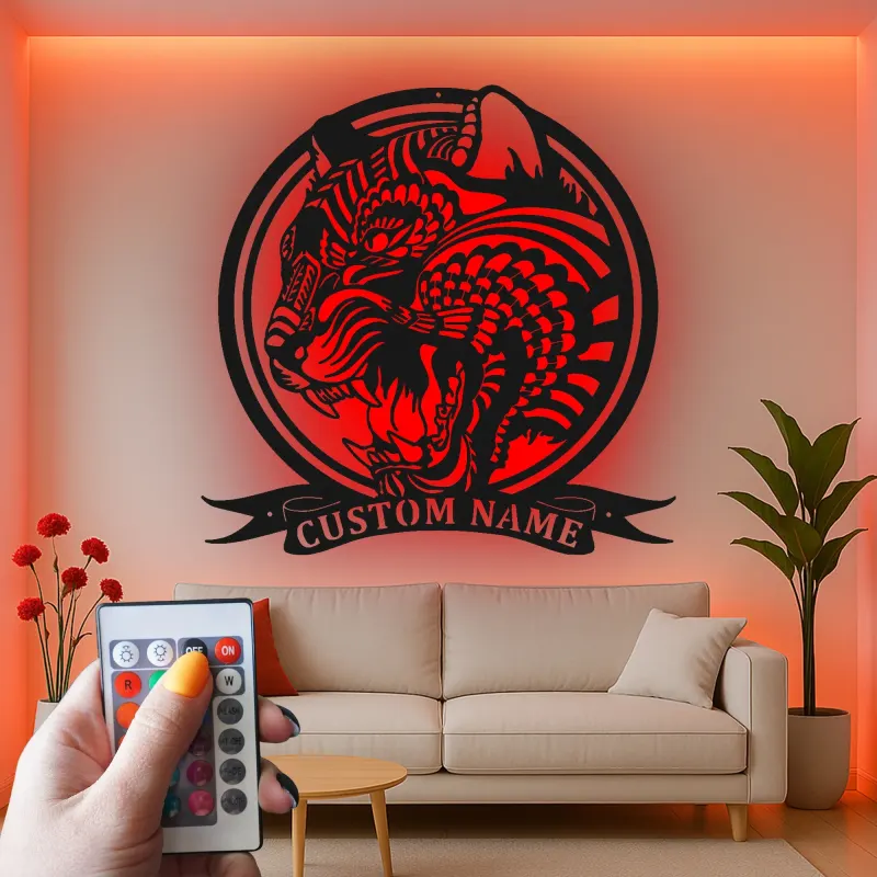 Arte in metallo LED Tigre Ruggente | Insegna personalizzata per Man Cave | Decorazione per sala giochi con nome personalizzato | Luce silhouette animale feroce