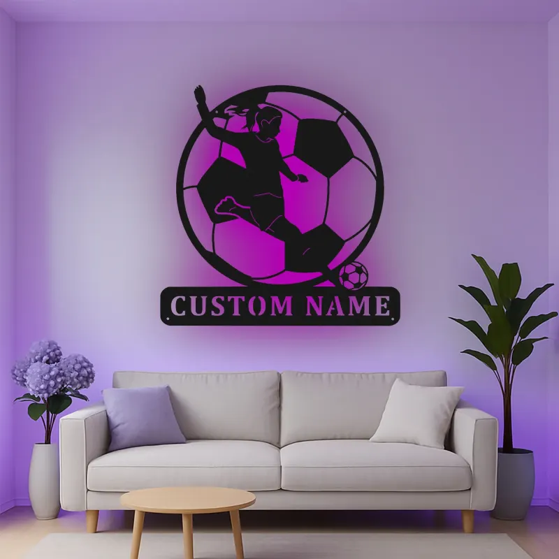 Cartel de metal personalizado de jugadora de fútbol femenino con luz LED, regalo personalizado para aficionados al fútbol, decoración para sala de deportes