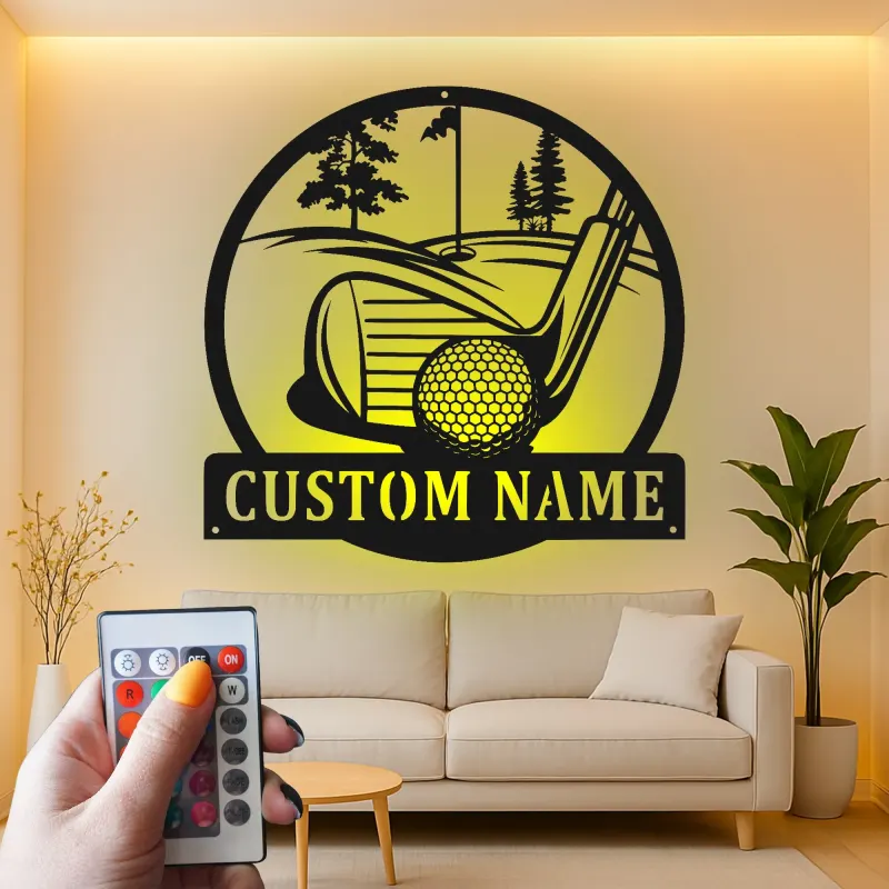 Cartel de golf personalizado con luces LED | Decoración mural de metal a medida | Decoración con nombre de golfista para sala de juegos y bar en casa