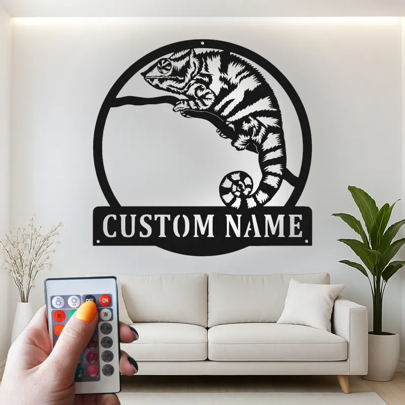 Cartel de metal LED personalizado de camaleón, regalo único para amantes de los reptiles, decoración de dormitorio o salón