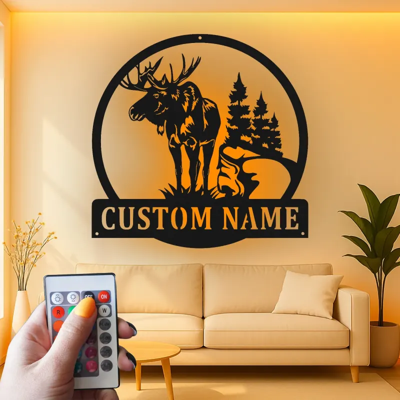 Panneau en métal personnalisé avec élan et lumières LED | Art mural personnalisé pour cabane | Décoration rustique de forêt et de faune | Cadeau pour chalet de chasseur