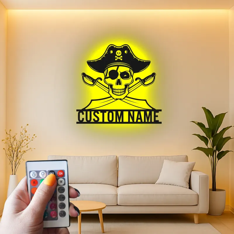 Insegna in metallo LED Teschio Pirata | Insegna da parete con nome personalizzato per Man Cave | Decorazione nautica personalizzata | Spade incrociate luminose