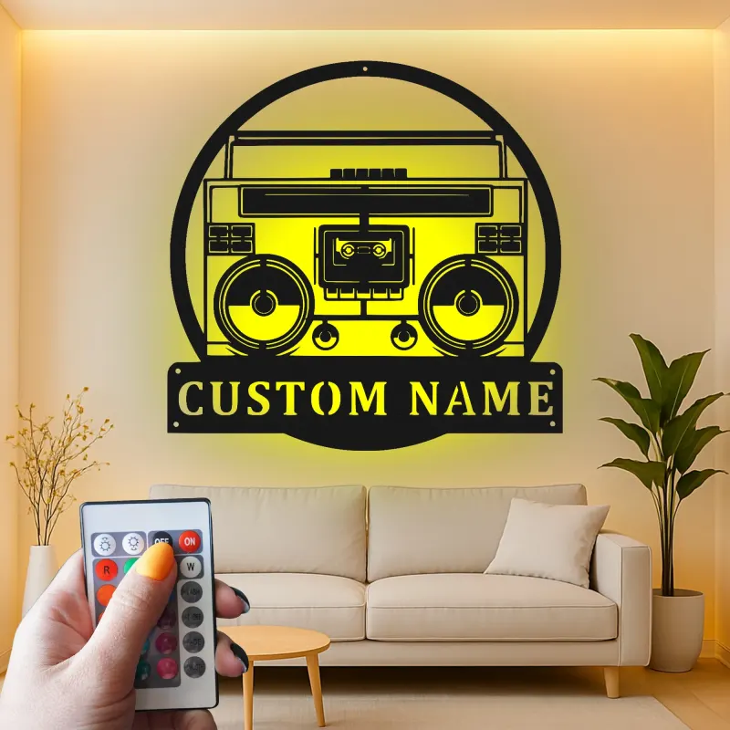 Insegna in metallo personalizzata con boombox e luce LED regalo per amanti della musica decorazione retro per sala giochi