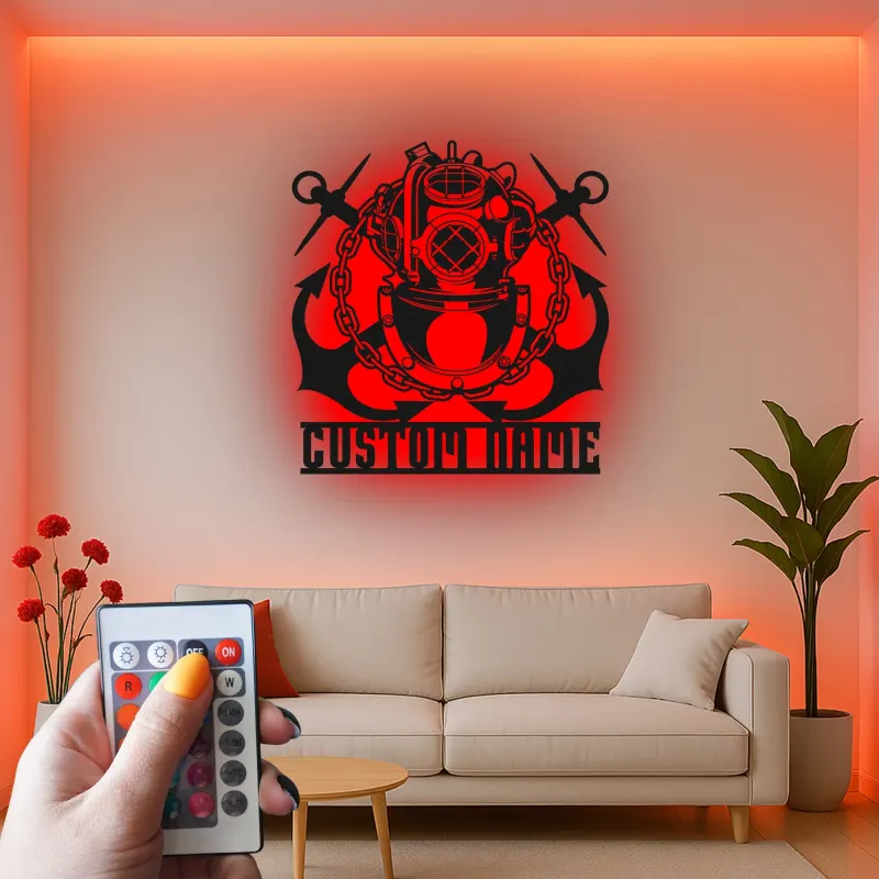 Cartel de metal personalizado con casco de buzo, regalo iluminado LED para amantes del mar