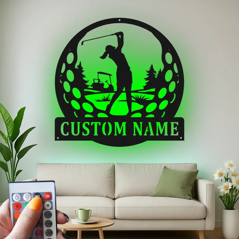 Insegna LED da golf personalizzata | Decorazione murale in metallo su misura per golfisti | Targa con nome per ufficio, home bar e sala sportiva