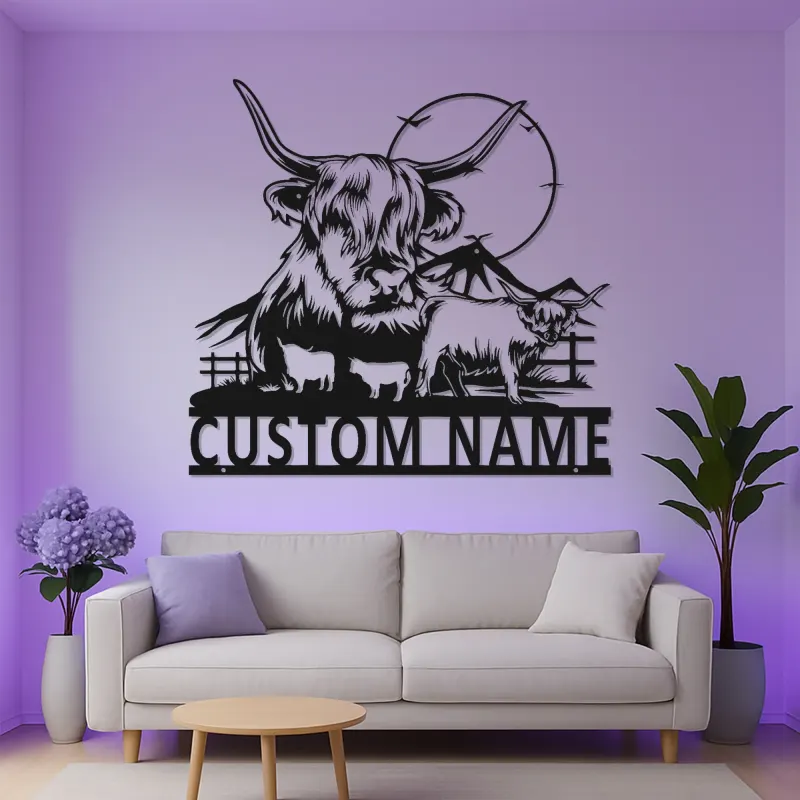 Arte mural de metal LED de vaca Highland | Cartel personalizado para rancho | Decoración rústica personalizada para amantes del ganado | Placa familiar rústica