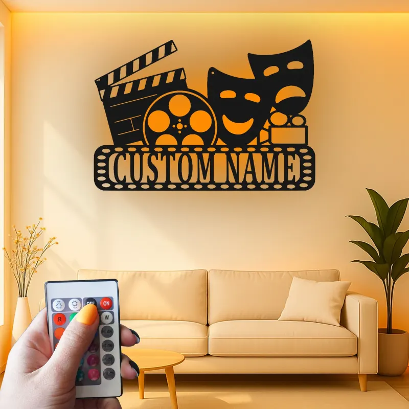 Personalized Theater Sign with LED | Custom Movie Room Decor | Metal Film Reel & Masks Wall Art for Cinema Lover Gift