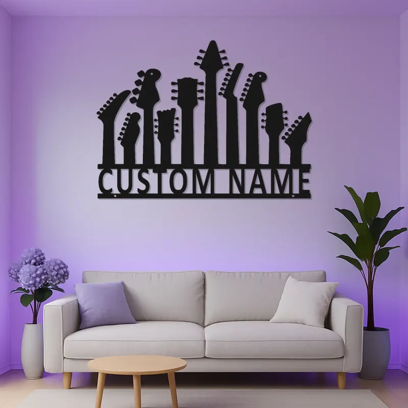 Insegna LED personalizzata a forma di chitarra | Decorazione murale in metallo su misura per studio musicale | Arredo con nome del musicista | Regalo per chitarristi