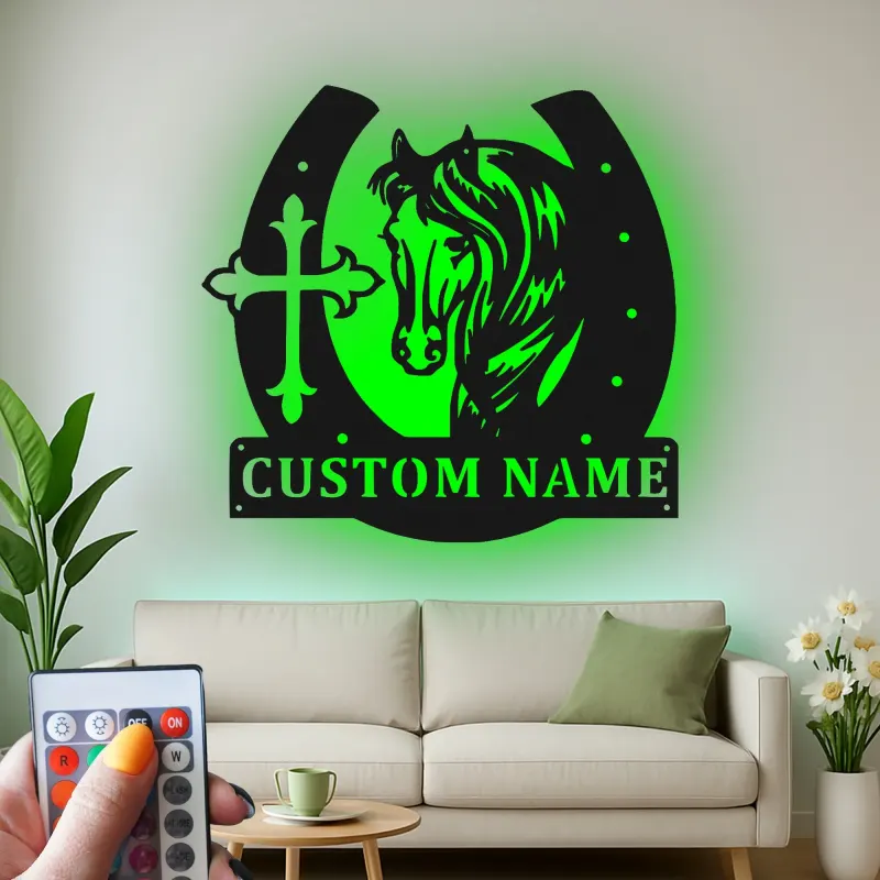 Cartel LED personalizado de caballo y cruz | Decoración mural de metal con herradura a medida | Regalo ecuestre para establo y hogar