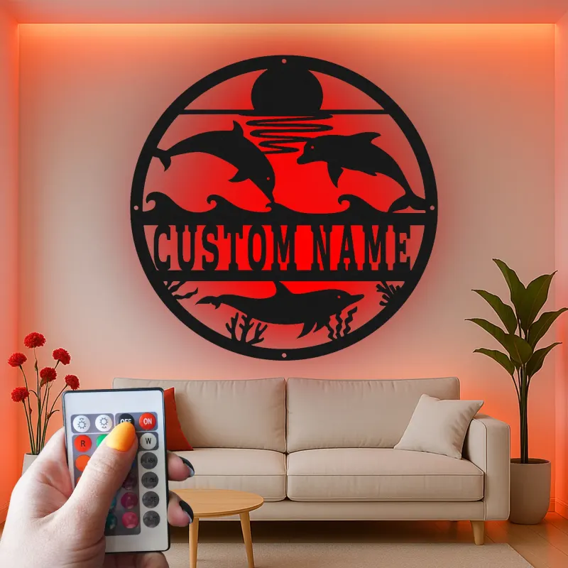 Personalisierte LED-Metall-Wandkunst mit Delfin-Ozeanszene – Geschenk für Strandhaus und Küsten-Wohnzimmer