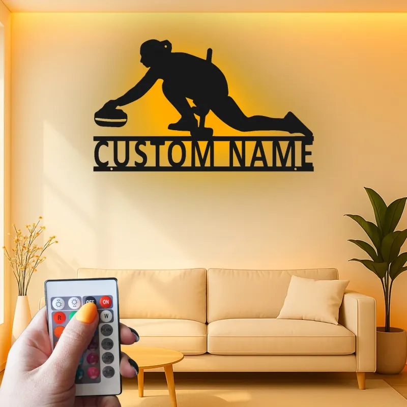 Personalisierte LED-Metall-Wandkunst mit Curling-Spieler – Sportgeschenk für Curling-Fans, Deko fürs Spielzimmer