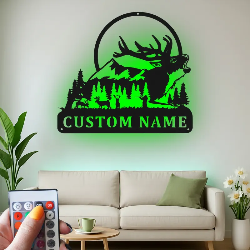 Décoration murale en métal personnalisée pour la chasse au cerf avec rétroéclairage LED, cadeau personnalisé pour les chasseurs, décoration de cabane rustique 3