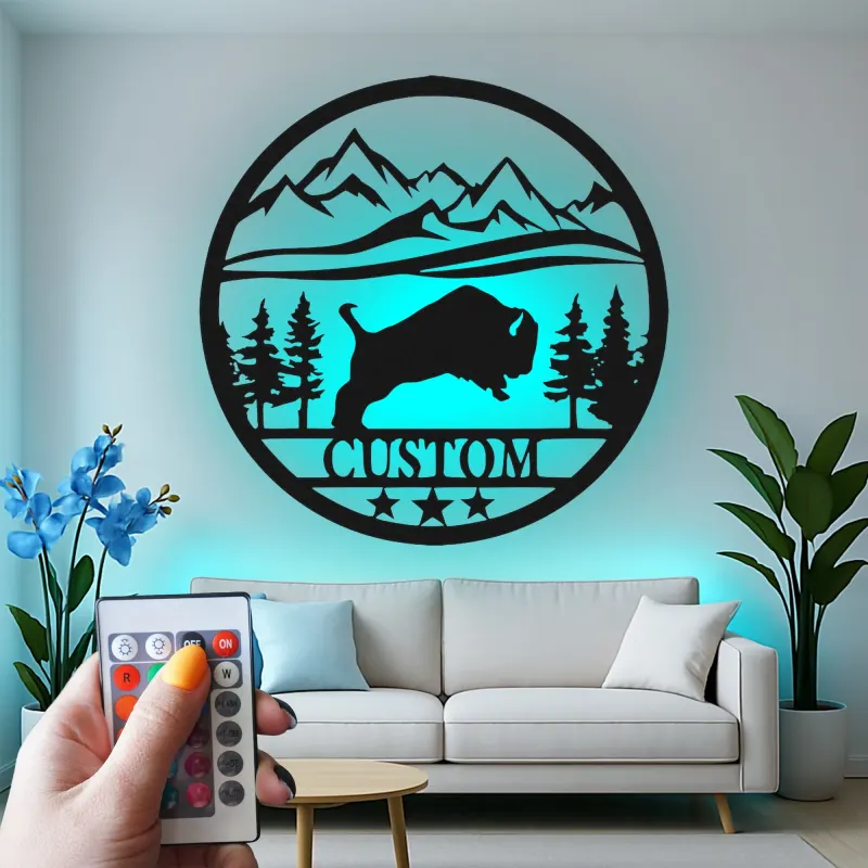 Cartel de metal LED personalizado de escena de montaña con búfalo, regalo para amantes de la naturaleza, decoración de cabaña rústica