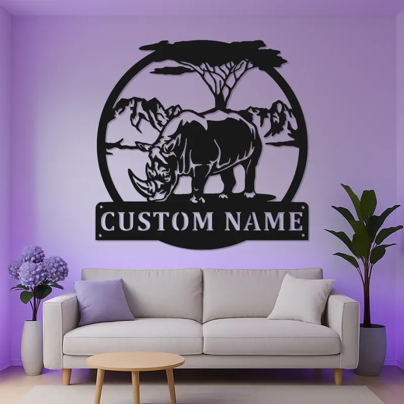 Insegna in metallo LED personalizzata a forma di rinoceronte | Arte da parete safari | Regalo personalizzato per amanti degli animali | Decorazione in acciaio illuminata