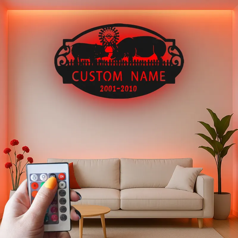 Custom Pig Family LED Sign | Personalized Metal Wall Art | Rustic Farmhouse Decor for Barn & Home | Farmer Gift