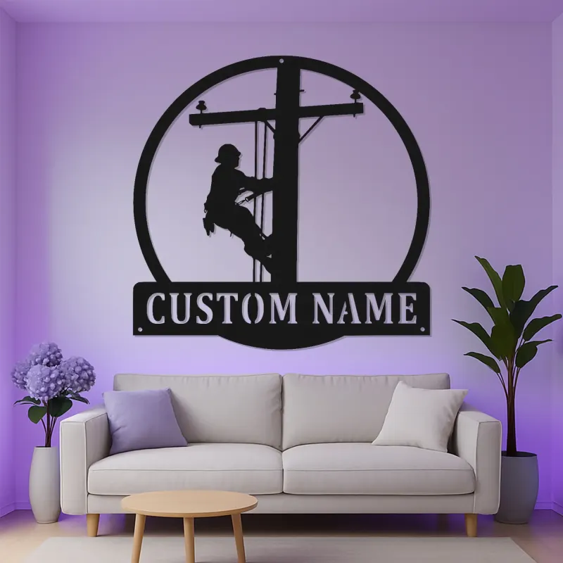 Lineman LED Metal Wall Art | Personalized Electrician Name Sign | Custom Utility Worker Gift