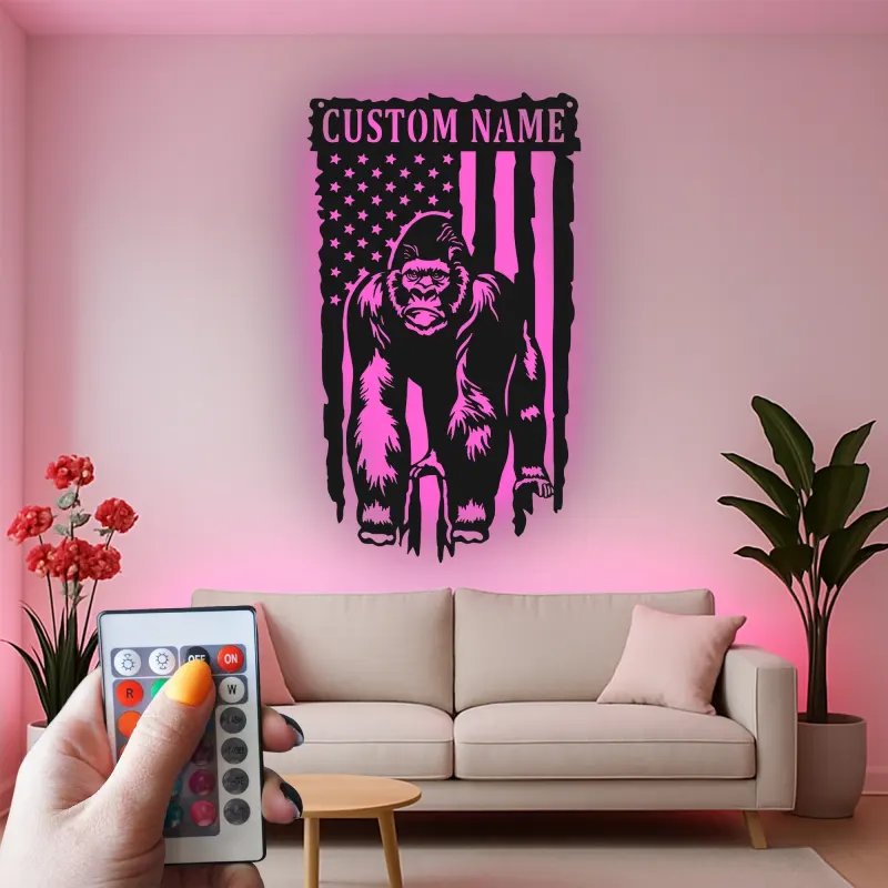 Panneau en métal personnalisé gorille | Décoration murale LED drapeau américain | Déco personnalisée pour man cave | Cadeau pour amoureux de la faune