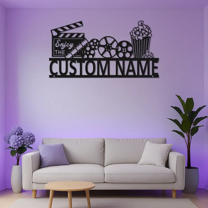 Panneau de Cinéma Personnalisé | Art mural en métal LED de Cinéma Personnalisé | Décor de Salle de Cinéma Familiale | Panneau Lumineux Bobine de Film & Popcorn
