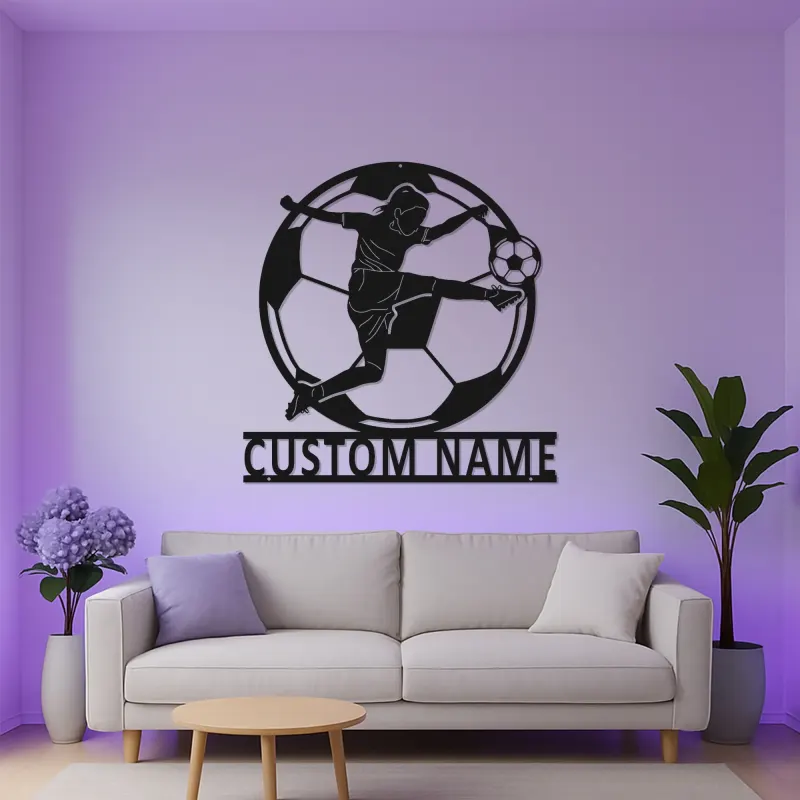 Arte mural de metal de jugadora de fútbol femenina | Cartel de luz LED personalizado | Regalo de nombre personalizado para decoración de habitación de atleta | Premio de equipo de fútbol femenino