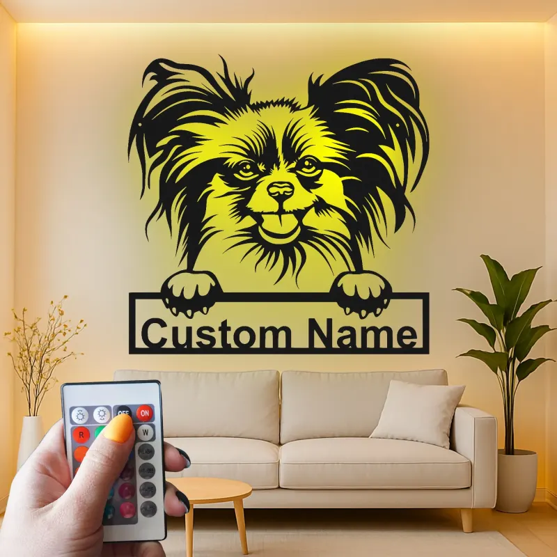 Art Murale Métal LED Chien Papillon | Panneau de Nom Personnalisé pour Animal de Compagnie | Cadeau Personnalisé pour Maman Chien | Décoration Moderne pour Salon