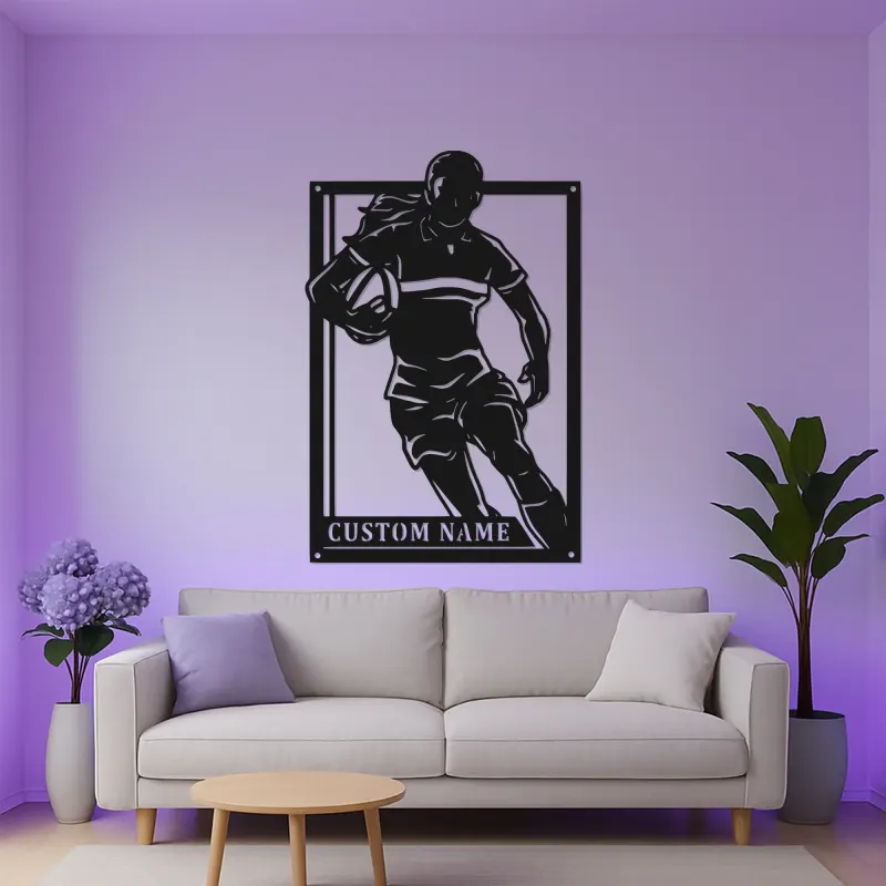 Insegna in metallo LED personalizzata per giocatrice di rugby | Decorazione murale per atleta con nome | Regalo per camera da ragazza rugbista