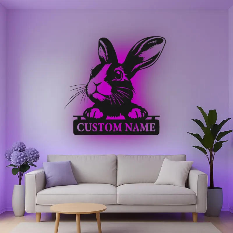 Insegna in metallo personalizzata con luce LED a forma di coniglio per amanti degli animali, regalo per asilo nido o decorazione per camera dei bambini