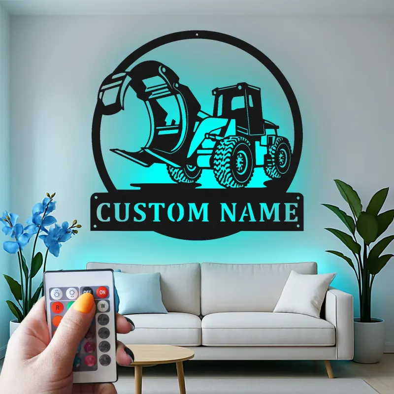 Cartel de metal con grapadora cargadora para tala | Decoración mural LED personalizada para leñador | Decoración para maquinaria pesada para sala de ocio