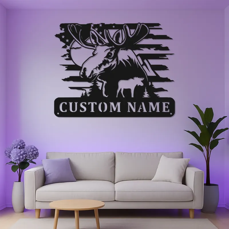 Cartel de metal personalizado de alce con LED | Decoración mural de vida salvaje personalizada para cabañas y lodges | Regalo rústico para cazadores con bandera americana